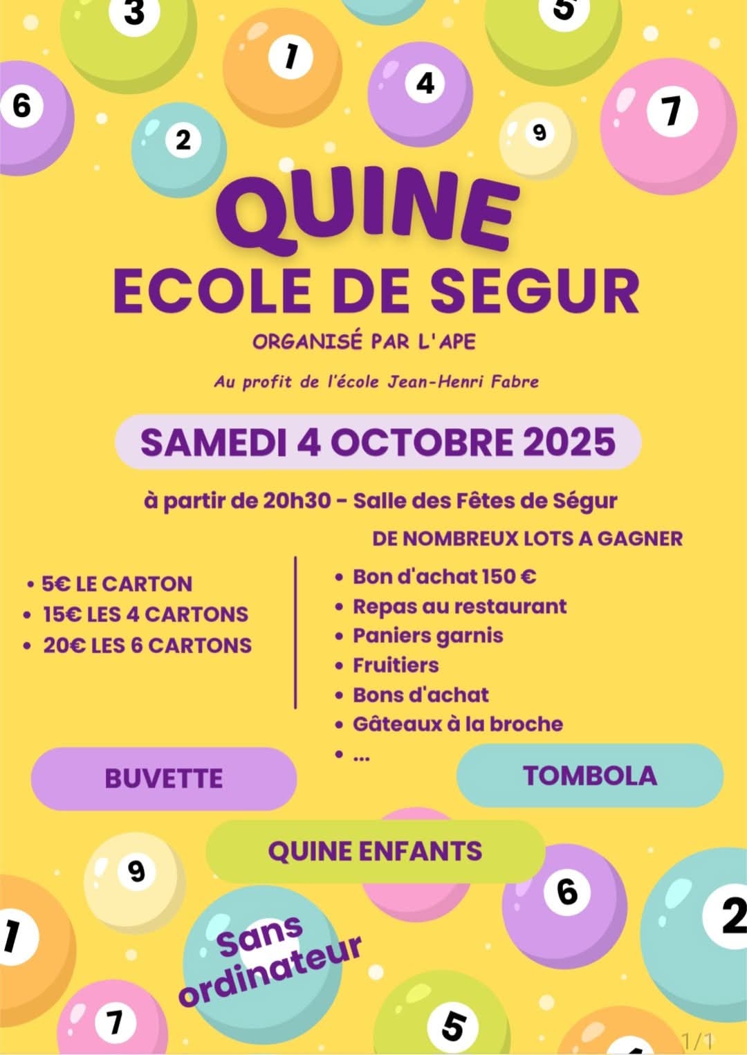 Lire la suite à propos de l’article 🎉 Quine de l’APE – École de Ségur 🎉