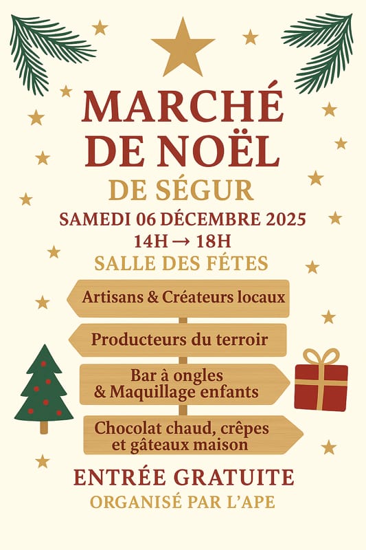 Lire la suite à propos de l’article ✨ Artisanat et gourmandise : le Marché de Noël arrive à Ségur ✨🎄